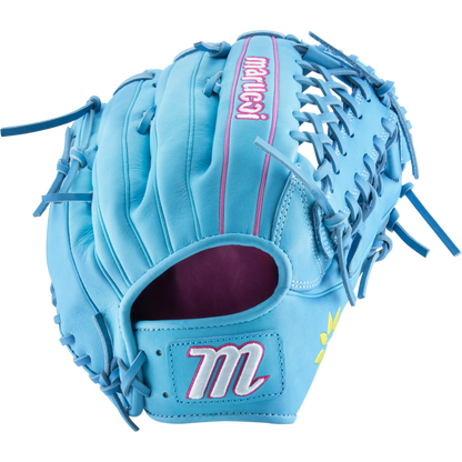 The Marucci NightShift Lorenz 12.5″ Fastpitch Glove: MFGNTSHFT-0305 is light blue Japanese Kip leather with pink/white stitching, marucci, an M on the back, and a yellow sun motif on the thumb.