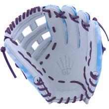The Marucci NightShift Cloudy 11.75" Baseball Glove (MFGNTSHFT-0402) features a white and light blue design, purple lacing, a skeletal hand palm graphic, Japanese-tanned steerhide, and "NightShift" embossed near the wrist.