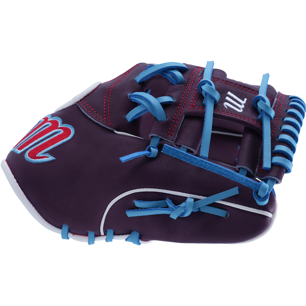 The Marucci NightShift Jetski 11.5" Baseball Glove (MFGNTSHFT-0403) features dark purple Japanese-tanned steerhide, blue laces, red and white stitching, and a patriotic embroidered “M”—a bold infield glove by Marucci with standout style.