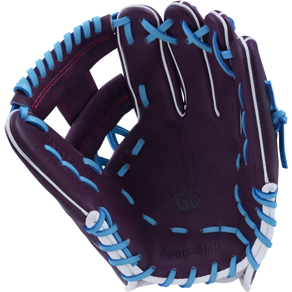 The Marucci NightShift Jetski 11.5" Baseball Glove (MFGNTSHFT-0403) features a purple design with light blue laces, white accents, a skeleton hand palm imprint, "NightShift" and "PATTERN 71" embossing, and is made from Japanese-tanned steerhide leather.