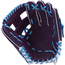The Marucci NightShift Jetski 11.5" Baseball Glove (MFGNTSHFT-0403) features a purple design with light blue laces, white accents, a skeleton hand palm imprint, "NightShift" and "PATTERN 71" embossing, and is made from Japanese-tanned steerhide leather.