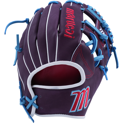 The Marucci NightShift Jetski 11.5" Baseball Glove (MFGNTSHFT-0403) features purple Japanese-tanned steerhide, blue laces, white accents, red stitching, and a bold red and blue embroidered Marucci logo near the wrist.