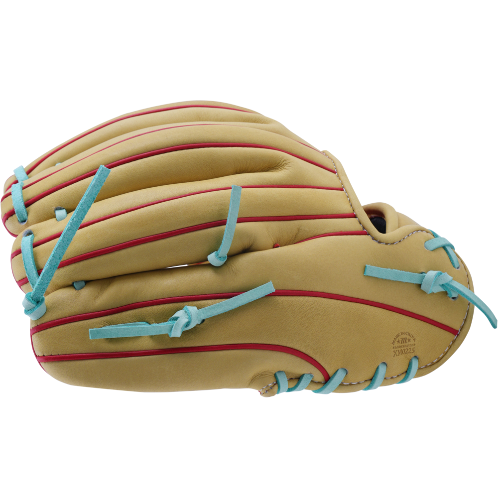The Marucci NightShift Coloring Book 11.5" Baseball Glove (MFGNTSHFT-0404) features Japanese-tanned steerhide leather, tan color, red stitching, and light blue laces. Shown closed against a white background.