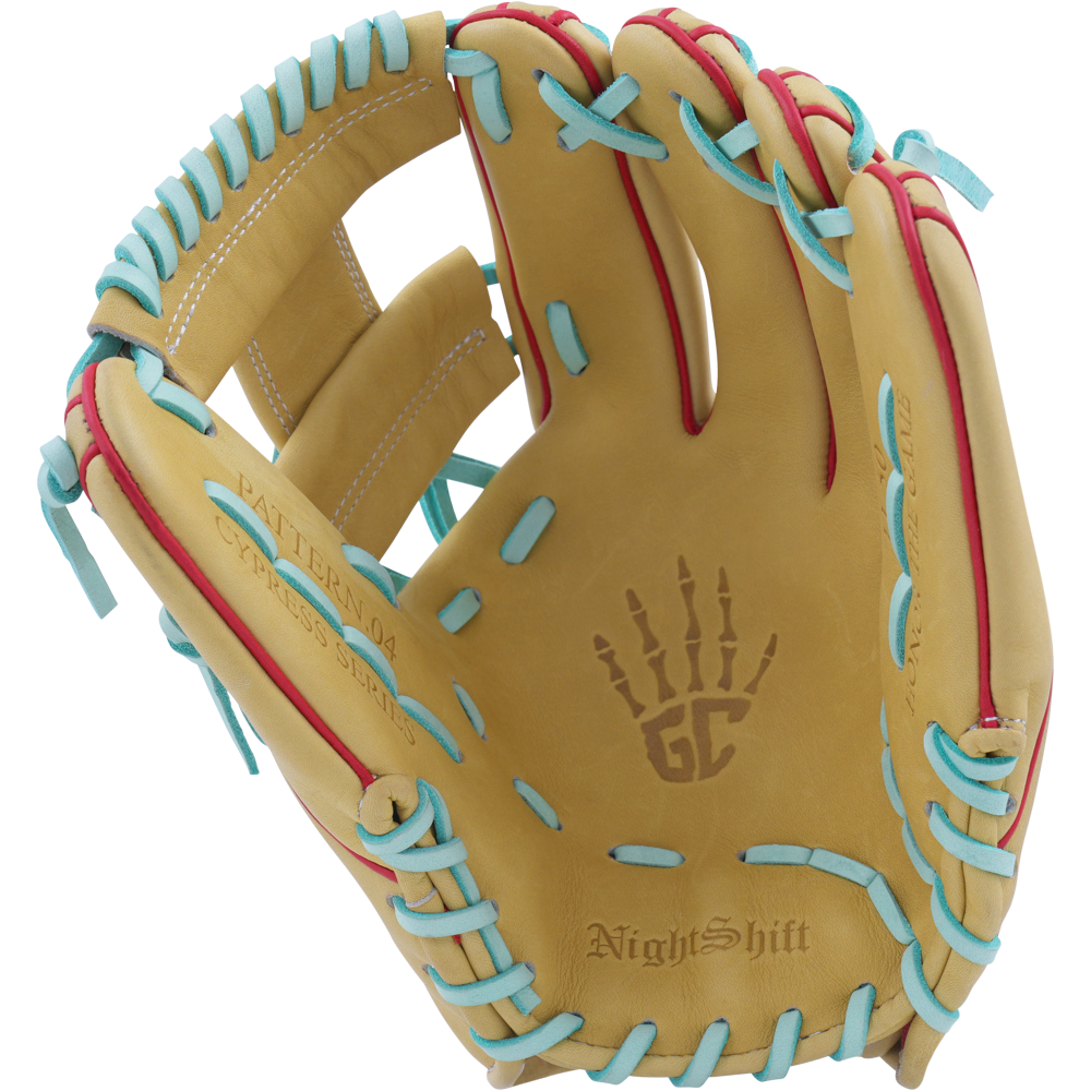 The Marucci NightShift Coloring Book 11.5" Baseball Glove (MFGNTSHFT-0404) features Japanese-tanned steerhide leather, light blue laces, red accents, and a tan palm with the "NightShift" skeleton hand logo embossed.