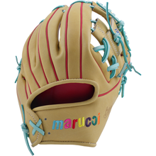 The Marucci NightShift Coloring Book 11.5" Baseball Glove (MFGNTSHFT-0404) is a tan glove crafted from Japanese-tanned steerhide, featuring red stitching, blue laces, and "marucci" embroidered in colorful letters on the wrist.
