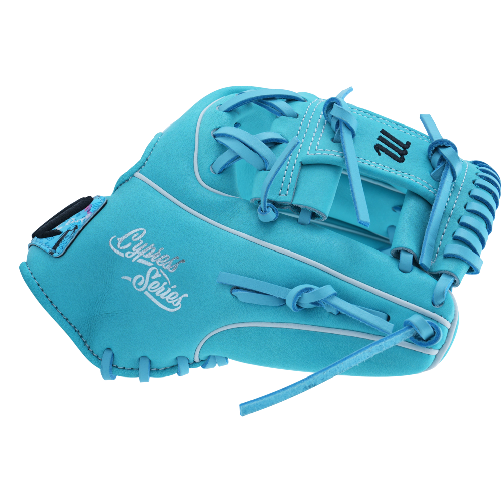 The Marucci NightShift Blue Lizard 11.5" Baseball Glove (MFGNTSHFT-0405) features blue laces, white stitching, Cypress Series branding, palm-down orientation, closed web design, and Japanese-tanned steerhide leather.
