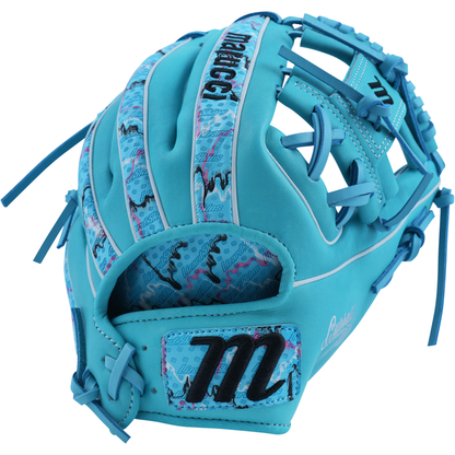 The Marucci NightShift Blue Lizard 11.5" Baseball Glove (MFGNTSHFT-0405) features blue and pink accents, black M logos, blue laces, Japanese-tanned steerhide leather, a woven web design, and decorative stitching.