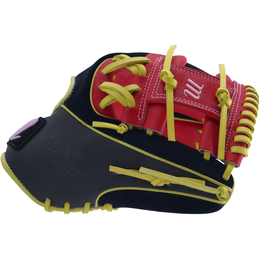 The Marucci NightShift Hot Head 11.5" Baseball Glove (MFGNTSHFT-0406) features Japanese-tanned steerhide, black leather, red accents, and yellow laces, shown from the side with closed fingers.