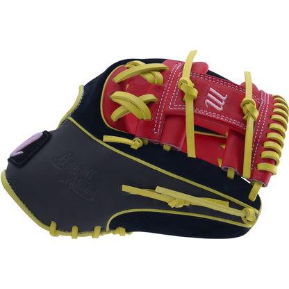 The Marucci NightShift Hot Head 11.5" Baseball Glove (MFGNTSHFT-0406) features Japanese-tanned steerhide, black leather, red accents, and yellow laces, shown from the side with closed fingers.