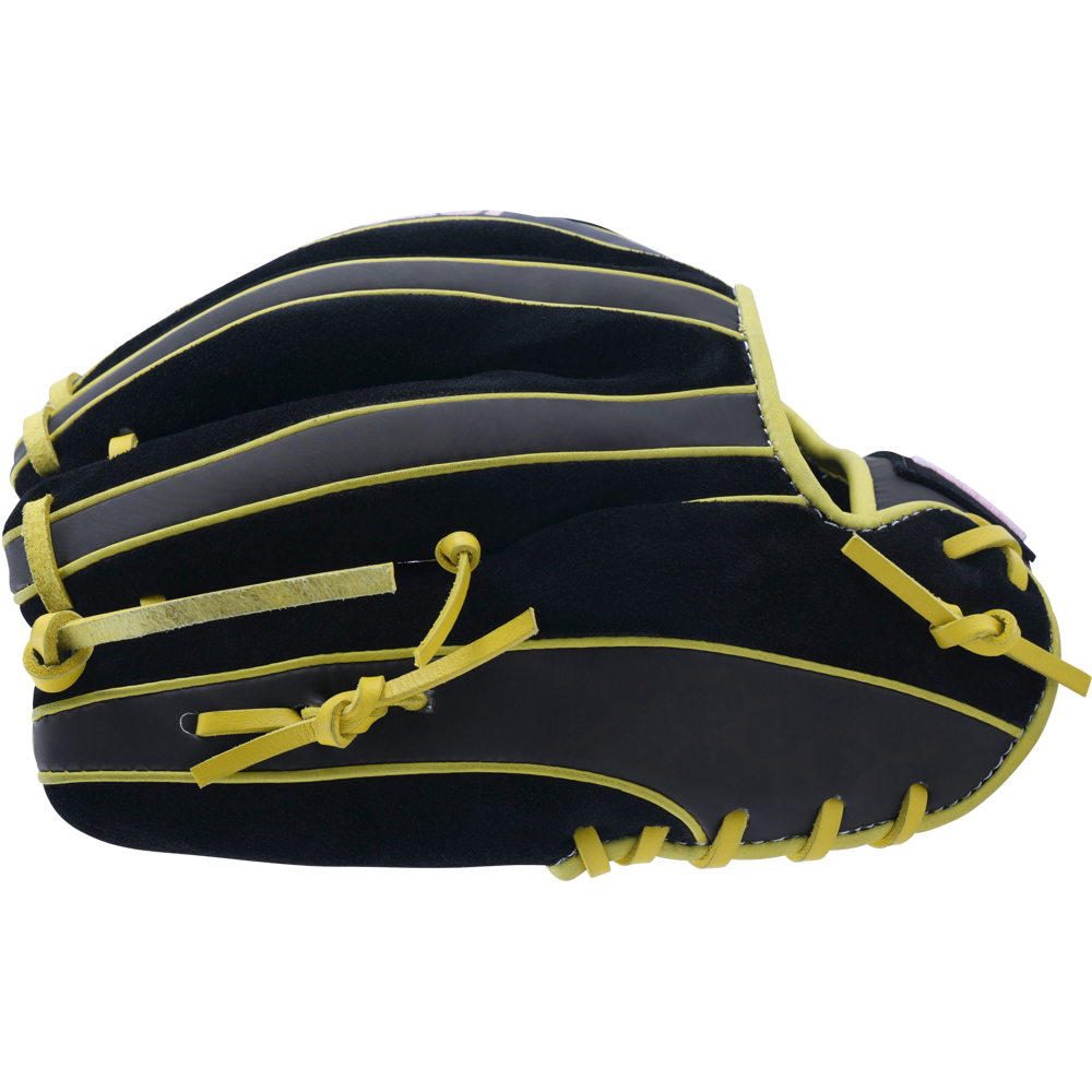 The Marucci NightShift Hot Head 11.5" Baseball Glove (MFGNTSHFT-0406) features Japanese-tanned steerhide leather with yellow laces and trim, shown from the side on a white background.