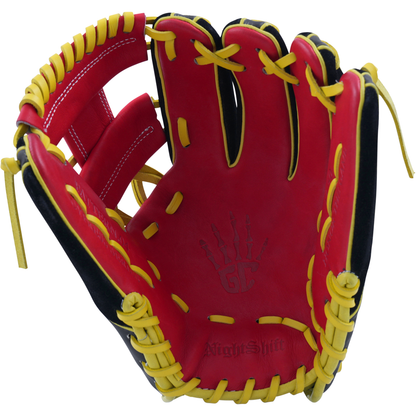 The Marucci NightShift Hot Head 11.5" Baseball Glove (MFGNTSHFT-0406) features a red design with yellow laces, black accents, Japanese-tanned steerhide leather, a handprint logo, and "Night Shift" embossed on the palm.