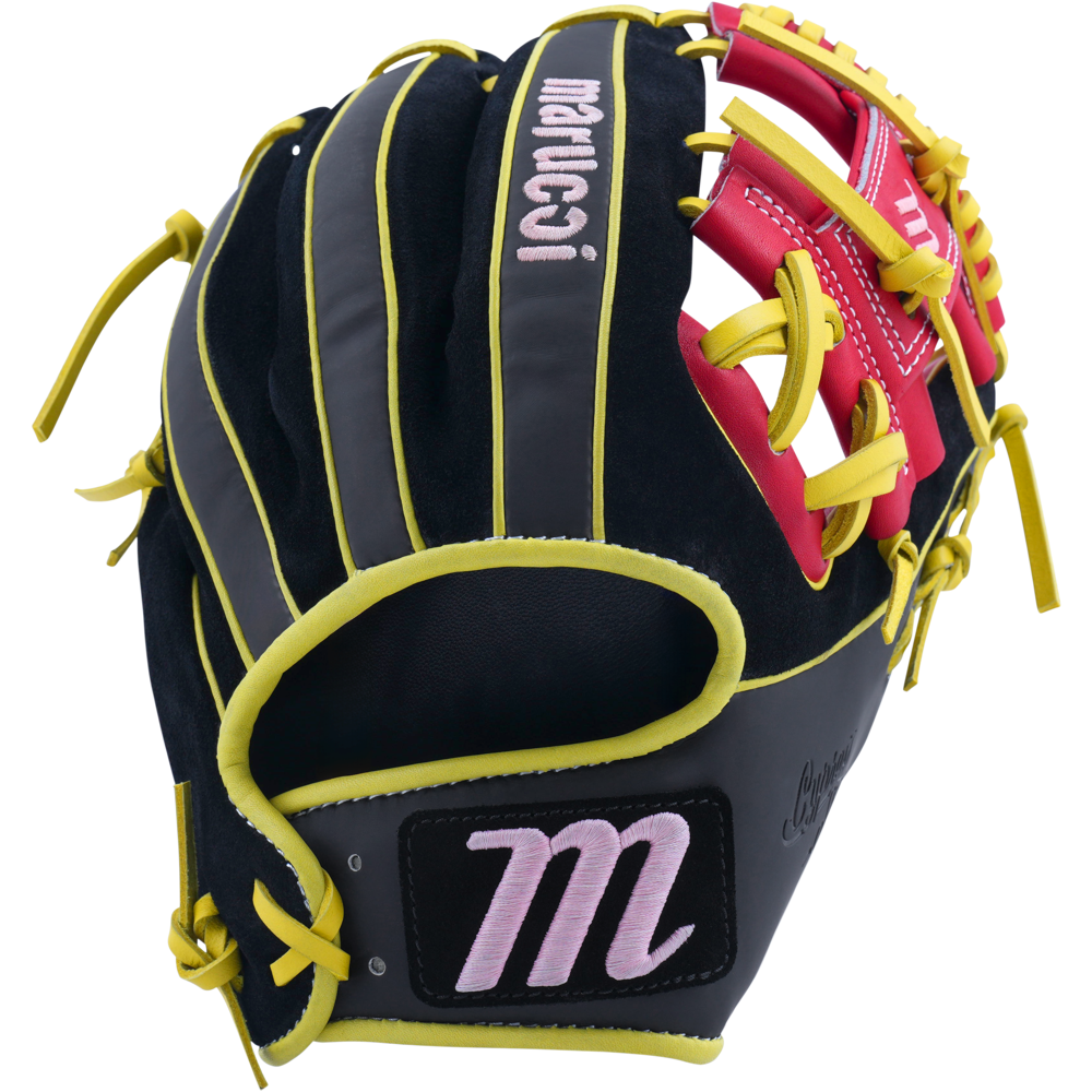 The Marucci NightShift Hot Head 11.5" Baseball Glove (MFGNTSHFT-0406) features black and pink Japanese-tanned steerhide, yellow stitching and laces, the Marucci name, and a bold white M logo.