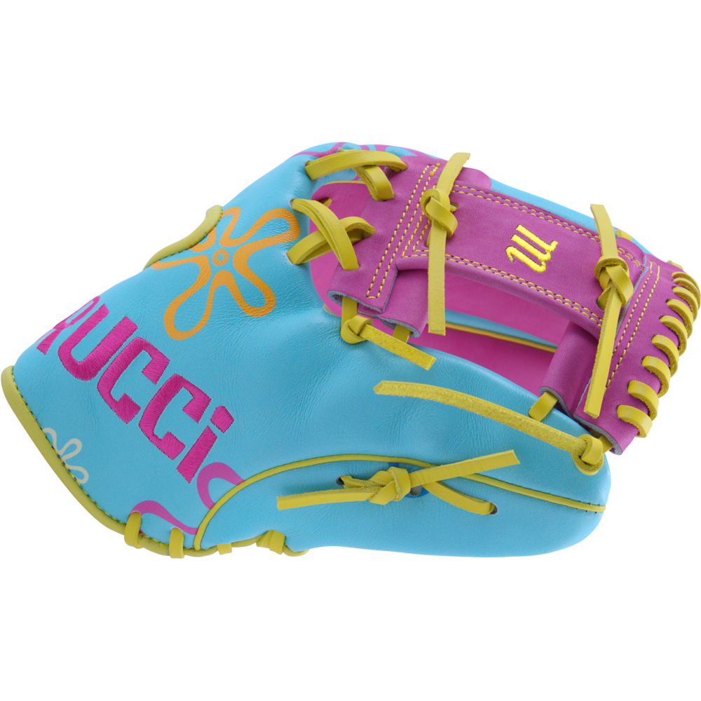 The Marucci NightShift Robert Sponge 11.75" Baseball Glove (MFGNTSHFT-0407) features blue, pink, and yellow leather, yellow laces, a floral side design, and "Lucci" in bold white and pink letters on the side.