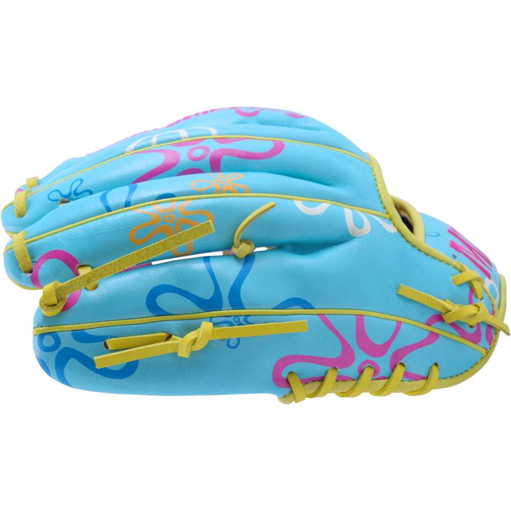 The Marucci NightShift Robert Sponge 11.75" Baseball Glove features light blue Japanese-tanned steerhide, colorful abstract pink, orange, and blue designs, yellow laces and stitching—a unique pro glove from Marucci.