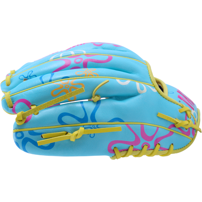 The Marucci NightShift Robert Sponge 11.75" Baseball Glove features light blue Japanese-tanned steerhide, colorful abstract pink, orange, and blue designs, yellow laces and stitching—a unique pro glove from Marucci.