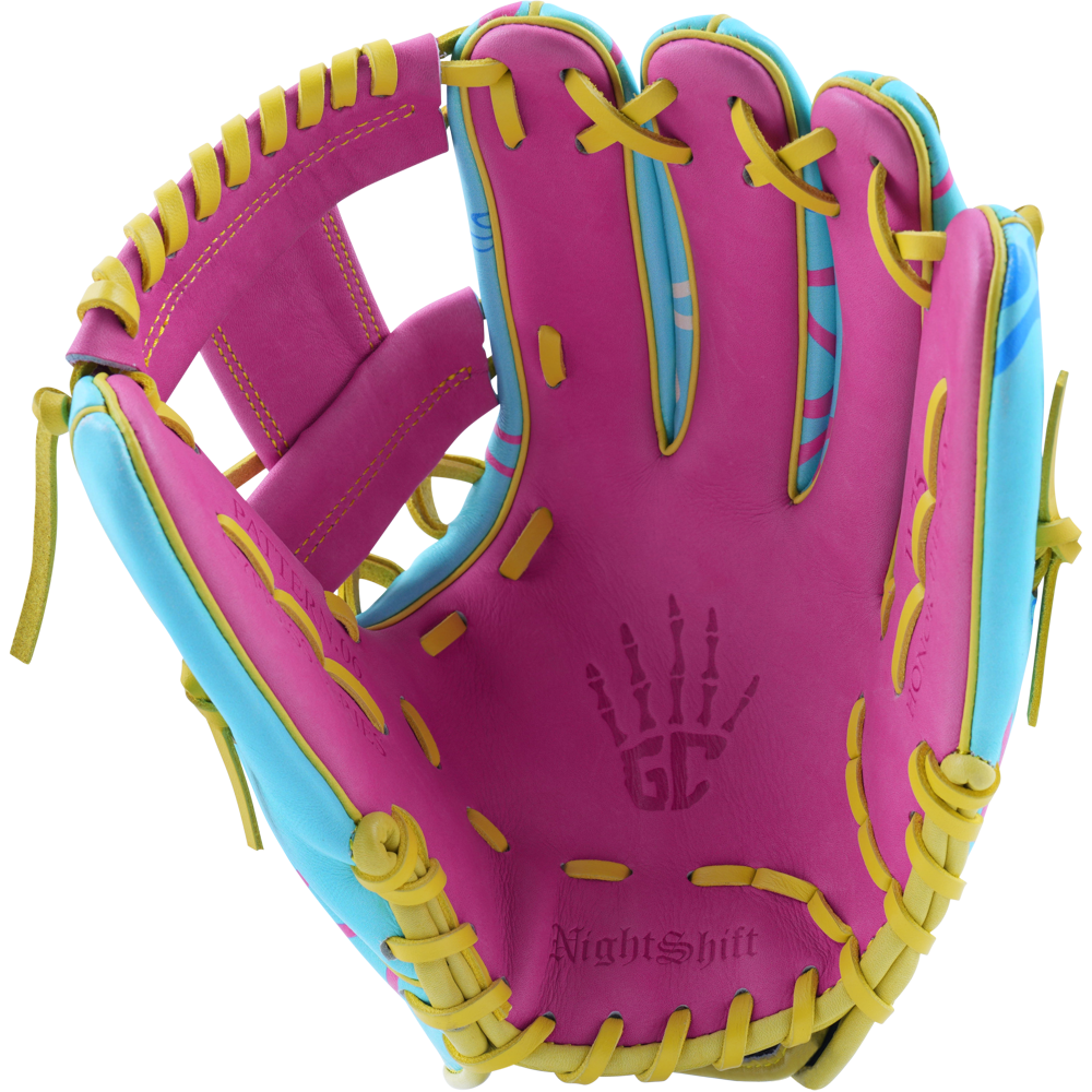 The Marucci NightShift Robert Sponge 11.75" Glove (MFGNTSHFT-0407) features a pink design with yellow laces, light blue accents, “NightShift” and “GC” on the palm, skeleton hand graphics, and Japanese-tanned steerhide construction.