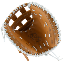 A tan Marucci Oxbow 240C2FP 33" fastpitch catcher's mitt, made of full-grain cowhide leather with white laces, is open and viewed from above, displaying the Marucci logo and text stamped inside the glove.