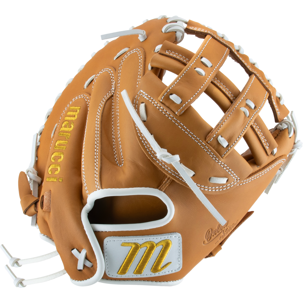 The Marucci Oxbow 240C2FP 33" Fastpitch Catcher's Mitt (MFGOX230C2FP-TF) features tan full-grain cowhide leather, white laces, gold stitching, and the Marucci logo on the wrist strap. Shown open from an angled top view.