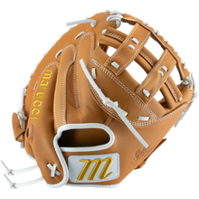 The Marucci Oxbow 240C2FP 33" Fastpitch Catcher's Mitt (MFGOX230C2FP-TF) features tan full-grain cowhide leather, white laces, gold stitching, and the Marucci logo on the wrist strap. Shown open from an angled top view.