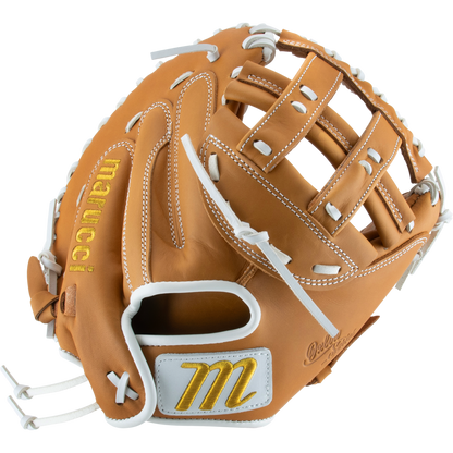 The Marucci Oxbow 240C2FP 33" Fastpitch Catcher's Mitt (MFGOX230C2FP-TF) features tan full-grain cowhide leather, white laces, gold stitching, and the Marucci logo on the wrist strap. Shown open from an angled top view.