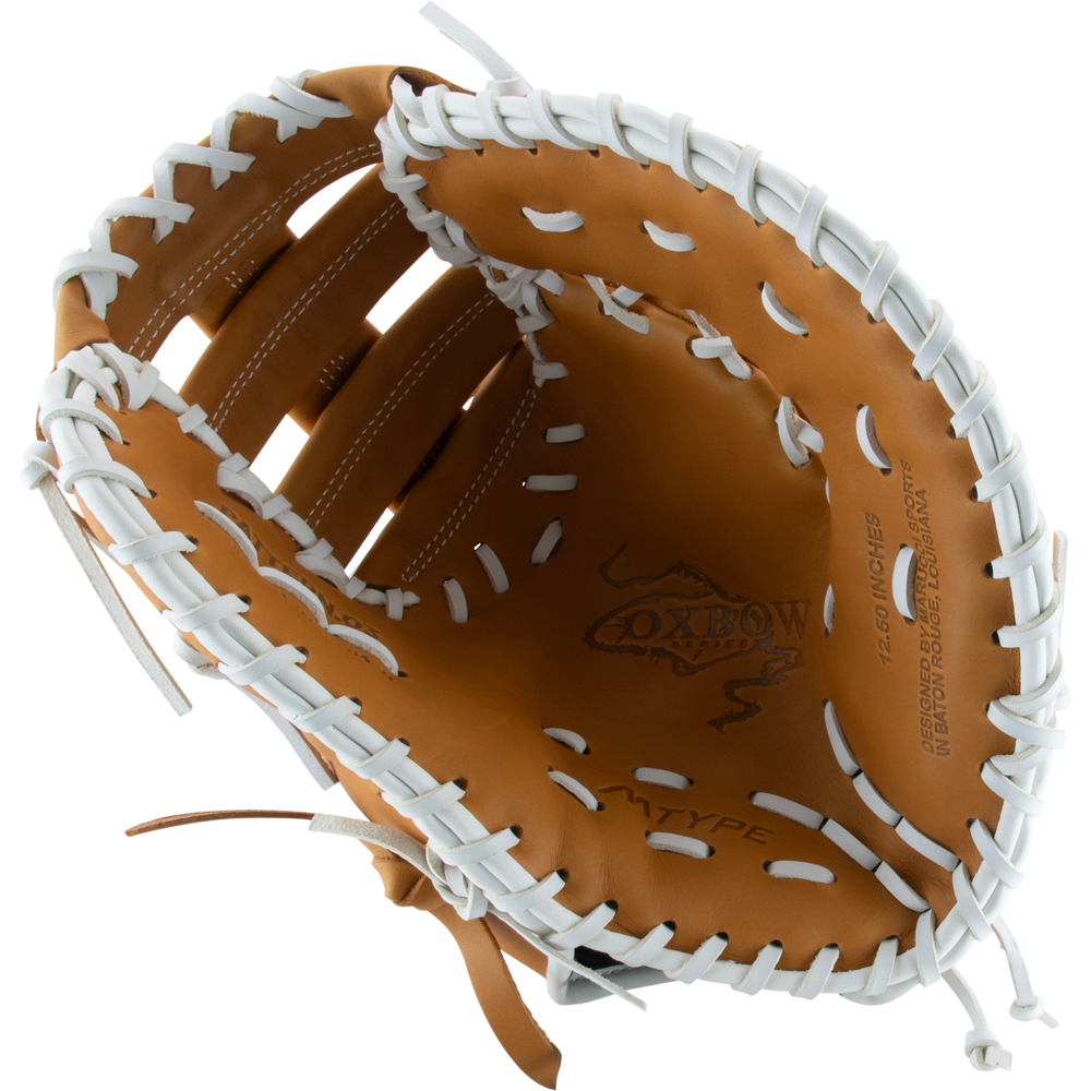 The Marucci Oxbow 37S1FP 12.5" Fastpitch First Base Mitt features tan leather, white laces, a two-bar post design, detailed stitching, and the Marucci logo stamped inside the palm—ideal for fastpitch play.