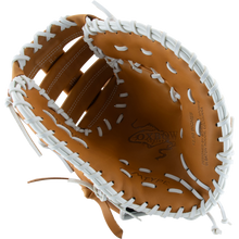 The Marucci Oxbow 37S1FP 12.5" Fastpitch First Base Mitt features tan leather, white laces, a two-bar post design, detailed stitching, and the Marucci logo stamped inside the palm—ideal for fastpitch play.