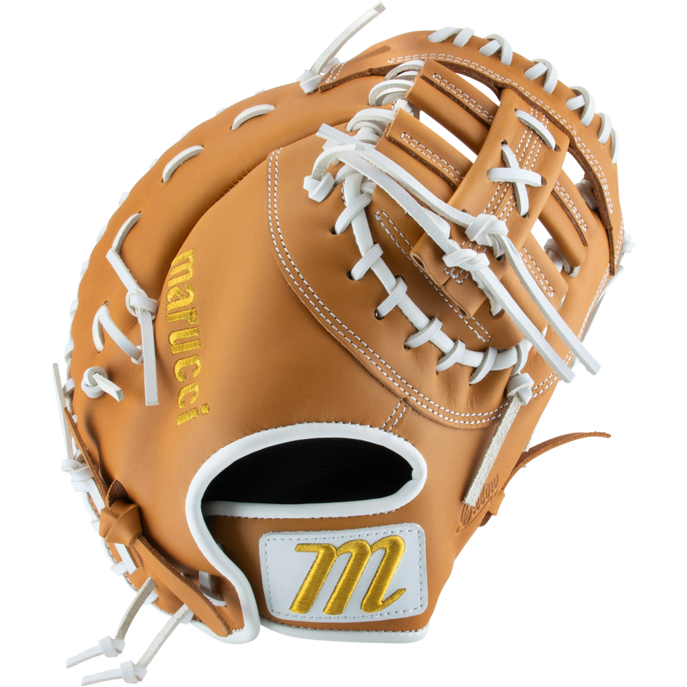 A tan leather Marucci Oxbow 37S1FP 12.5" Fastpitch First Base Mitt (MFGOX37S1FP-TF) with white laces and yellow embroidered accents, including the Marucci name and M logo near the wrist strap. Features a two bar post design, shown on a white background.
