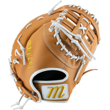 A tan leather Marucci Oxbow 37S1FP 12.5" Fastpitch First Base Mitt (MFGOX37S1FP-TF) with white laces and yellow embroidered accents, including the Marucci name and M logo near the wrist strap. Features a two bar post design, shown on a white background.