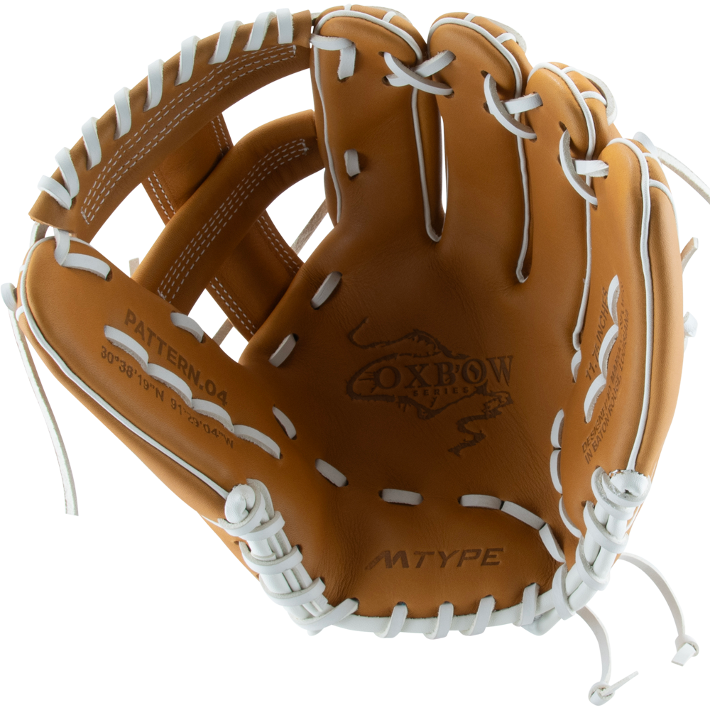 The Marucci Oxbow 44A5FP 11.75" Fastpitch Glove (MFGOX44A5FP-TF) features tan full-grain cowhide leather, white laces, the Oxbow logo and "MTYPE" on the palm, plus open webbing with a braided post design.