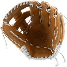 The Marucci Oxbow 44A5FP 11.75" Fastpitch Glove (MFGOX44A5FP-TF) features tan full-grain cowhide leather, white laces, the Oxbow logo and "MTYPE" on the palm, plus open webbing with a braided post design.