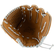 The Marucci Oxbow 45K3FP 12" Fastpitch Glove (MFGOX45K3FP-TF) features tan full-grain cowhide, white stitching and laces, Oxbow logo, M TYPE palm stamp, basket web, and an open inner pocket.