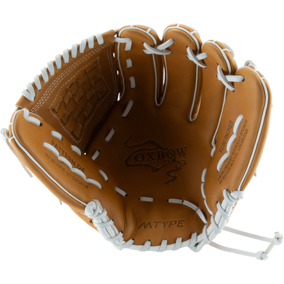 The Marucci Oxbow 45K3FP 12" Fastpitch Glove (MFGOX45K3FP-TF) features tan full-grain cowhide, white stitching and laces, Oxbow logo, M TYPE palm stamp, basket web, and an open inner pocket.