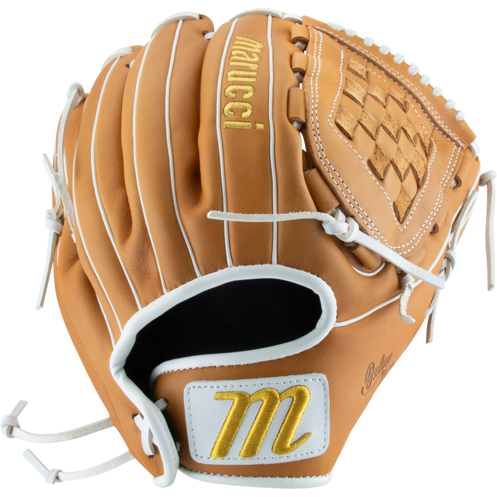 The Marucci Oxbow 45K3FP 12" Fastpitch Glove features tan full-grain cowhide leather, white stitching and laces, a basket web, and the Marucci brand name with a yellow M logo embroidered near the wrist.