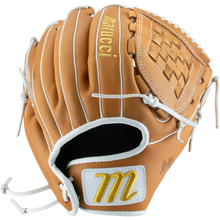 The Marucci Oxbow 45K3FP 12" Fastpitch Glove features tan full-grain cowhide leather, white stitching and laces, a basket web, and the Marucci brand name with a yellow M logo embroidered near the wrist.