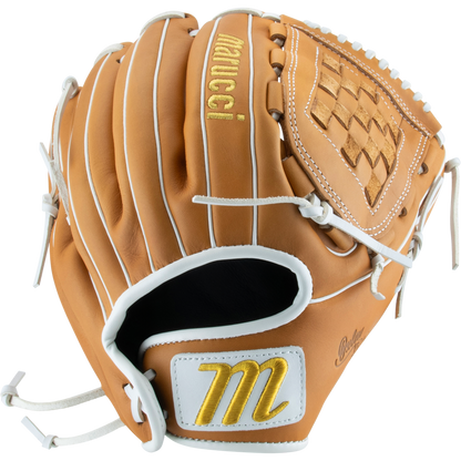 The Marucci Oxbow 45K3FP 12" Fastpitch Glove features tan full-grain cowhide leather, white stitching and laces, a basket web, and the Marucci brand name with a yellow M logo embroidered near the wrist.