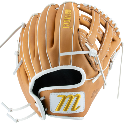 The Marucci Oxbow 47A3FP 12.5" Fastpitch Glove (MFGOX47A3FP-TF) features durable full-grain cowhide leather and a bold Marucci logo.