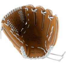 The Marucci Oxbow 47K5FP 12.5" Fastpitch Glove (MFGOX47K5FP-TF) is a brown full-grain cowhide leather glove with white laces, a basket T-web, detailed stitching, and "MTYPE" near the wrist. “Oxbow” is stamped inside the palm.