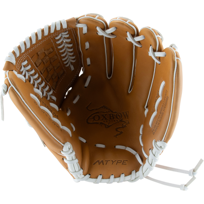The Marucci Oxbow 47K5FP 12.5" Fastpitch Glove (MFGOX47K5FP-TF) is a brown full-grain cowhide leather glove with white laces, a basket T-web, detailed stitching, and "MTYPE" near the wrist. “Oxbow” is stamped inside the palm.