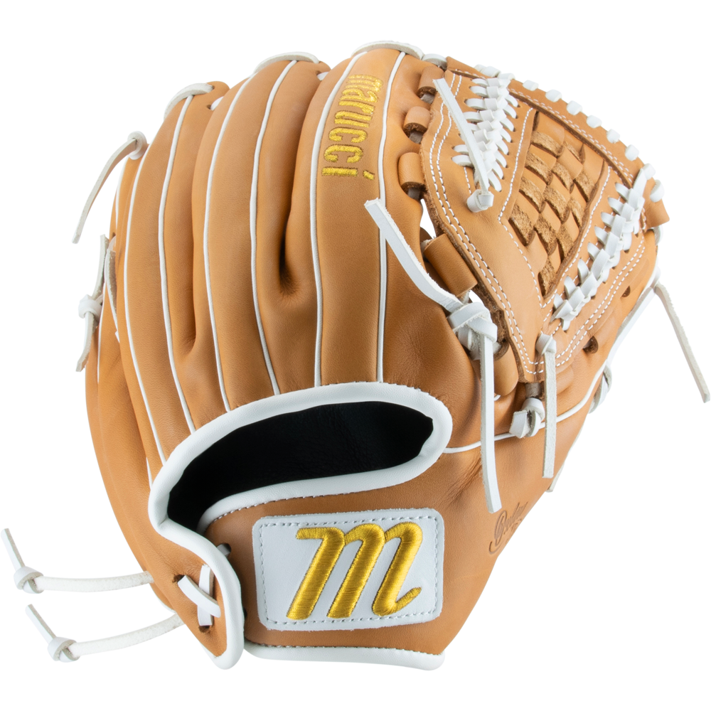 The Marucci Oxbow 47K5FP 12.5" Fastpitch Glove features a tan full-grain cowhide leather build, white laces, yellow Marucci embroidery, and a basket T-web on the wrist strap and thumb for added security.