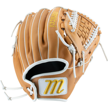 The Marucci Oxbow 47K5FP 12.5" Fastpitch Glove features a tan full-grain cowhide leather build, white laces, yellow Marucci embroidery, and a basket T-web on the wrist strap and thumb for added security.