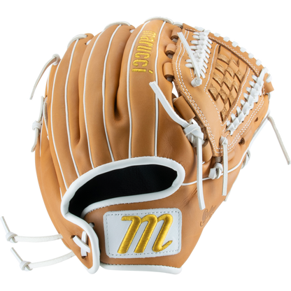 The Marucci Oxbow 47K5FP 12.5" Fastpitch Glove features a tan full-grain cowhide leather build, white laces, yellow Marucci embroidery, and a basket T-web on the wrist strap and thumb for added security.