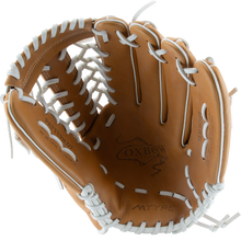 The Marucci Oxbow 79A6FP 13" Fastpitch Glove (MFGOX79A6FP-TF), tan with white lacing and a T-Web, features the Marucci Oxbow logo on the palm and is displayed on a plain white background.