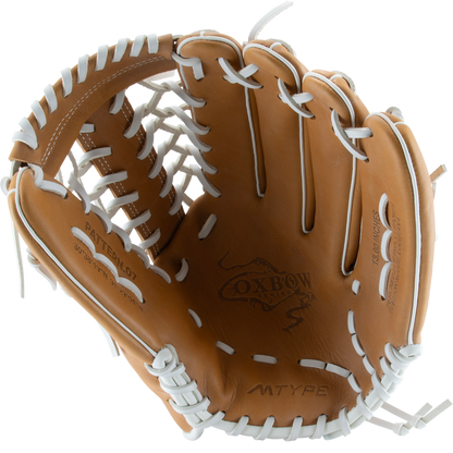 The Marucci Oxbow 79A6FP 13" Fastpitch Glove (MFGOX79A6FP-TF), tan with white lacing and a T-Web, features the Marucci Oxbow logo on the palm and is displayed on a plain white background.