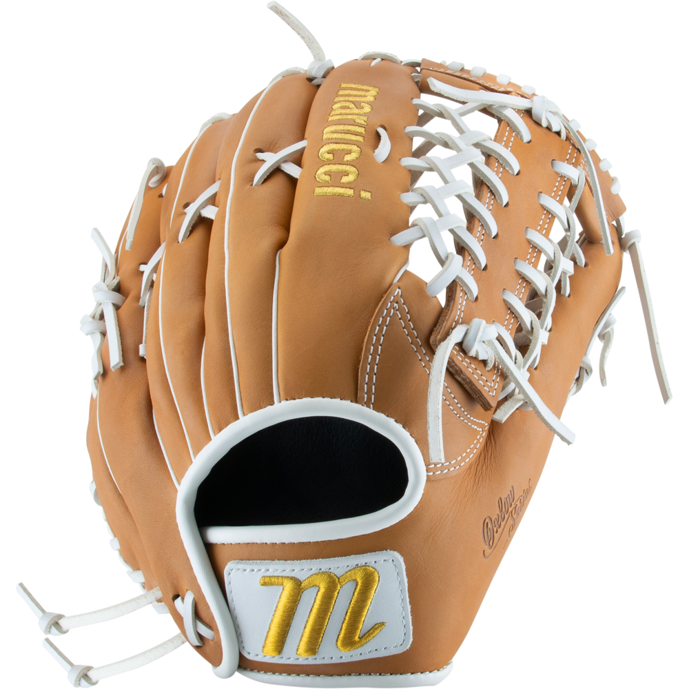The Marucci Oxbow 79A6FP 13" Fastpitch Glove (MFGOX79A6FP-TF) is tan with white laces, gold "Marucci" embroidery, and a stitched yellow M on the wrist strap. This new T-Web outfield glove is displayed on a white background.
