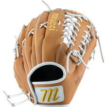 The Marucci Oxbow 79A6FP 13" Fastpitch Glove (MFGOX79A6FP-TF) is tan with white laces, gold "Marucci" embroidery, and a stitched yellow M on the wrist strap. This new T-Web outfield glove is displayed on a white background.