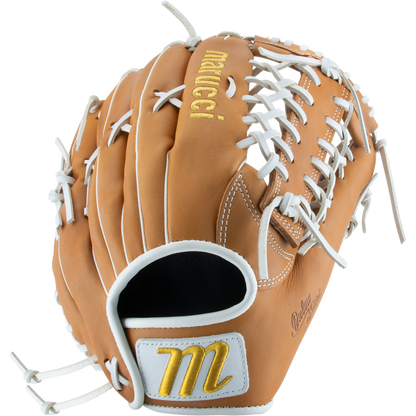 The Marucci Oxbow 79A6FP 13" Fastpitch Glove (MFGOX79A6FP-TF) is tan with white laces, gold "Marucci" embroidery, and a stitched yellow M on the wrist strap. This new T-Web outfield glove is displayed on a white background.