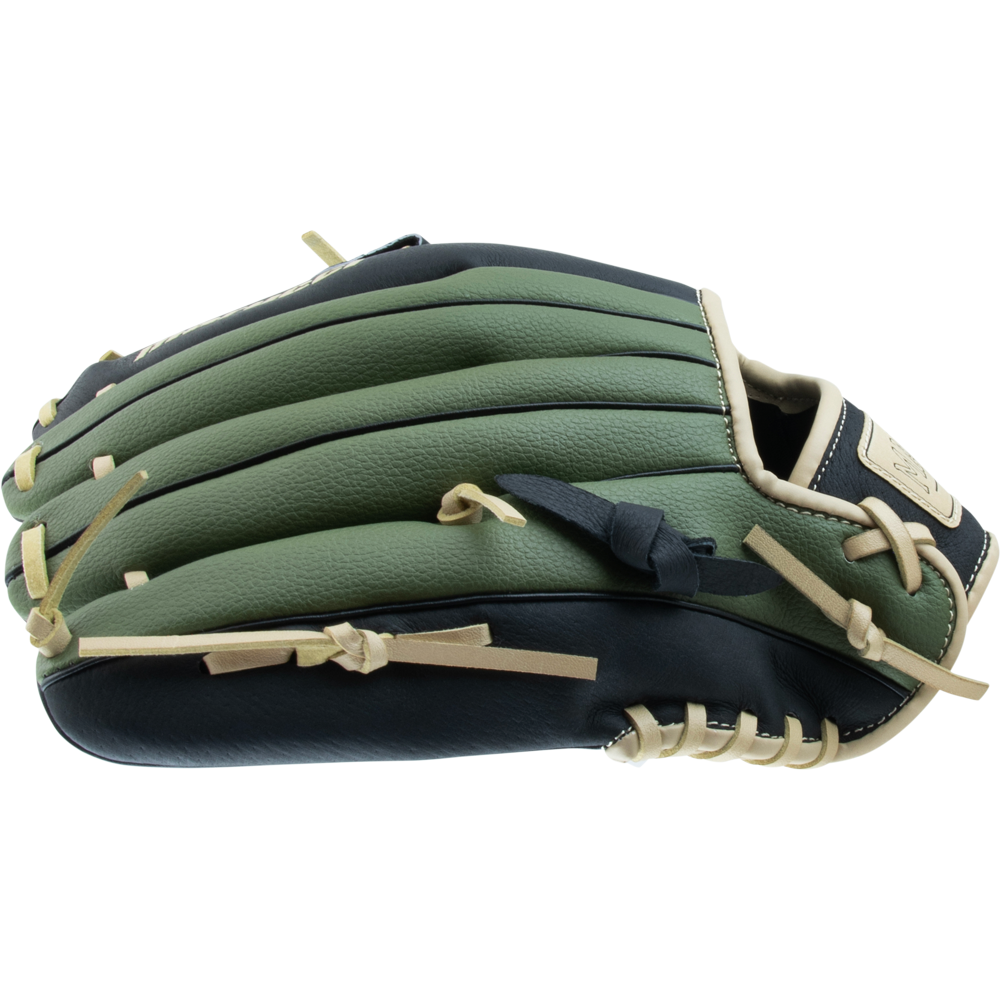 The Marucci Swift 11.5″ Baseball Glove: MFGSWFT115-OG/BK by Marucci is featured on its side, highlighting the green and black leather design with cream laces, visible fingers, and iconic I-Web webbing—making it a timeless option for infielders.