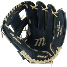 A Marucci Swift 11.5″ Baseball Glove (MFGSWFT115-OG/BK) in black and tan, featuring an I-Web design and clearly showing the palm and finger slots from a top angle, with “marucci” branding visible.