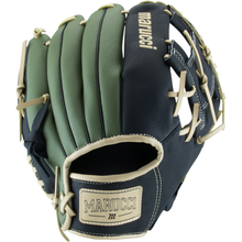 The Marucci Swift 11.5″ Baseball Glove (MFGSWFT115-OG/BK) is a green and black infield glove with cream-colored laces and trim, featuring an I-Web design along with the Marucci logo on both the wrist strap and thumb area.
