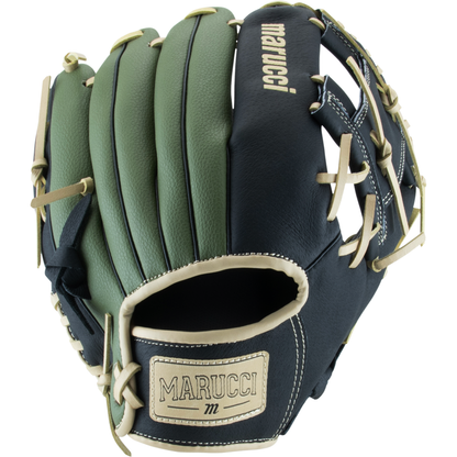 The Marucci Swift 11.5″ Baseball Glove (MFGSWFT115-OG/BK) is a green and black infield glove with cream-colored laces and trim, featuring an I-Web design along with the Marucci logo on both the wrist strap and thumb area.